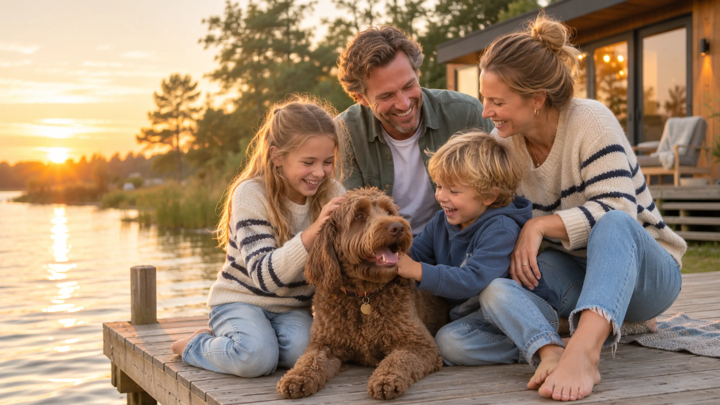 Gezin met hond op een steiger bij een vakantiehuis aan het water bij zonsondergang